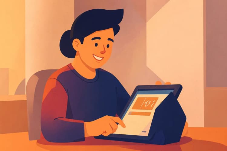Pessoa sorrindo respondendo a um quiz em um tablet.