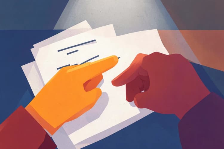 Um close-up de uma mão apontando para um ponto específico em um papel com anotações e um pequeno gráfico. A mão está em primeiro plano, com o dedo indicador estendido. A luz é focada no papel, vinda de cima. O momento é de identificação de um erro.