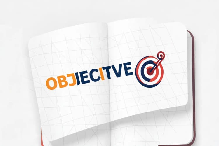 Um close-up de uma página de um caderno aberto com a palavra "OBJETIVO" escrita em destaque e um pequeno desenho de um alvo. A luz é suave, vinda de cima. O momento é de foco no planejamento inicial.