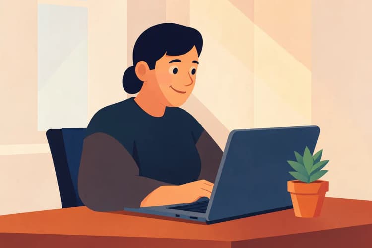 Uma pessoa sentada em uma mesa, com um notebook aberto e um pequeno vaso de planta. A pessoa sorri levemente enquanto olha para a tela. A luz é natural e suave, vinda de uma janela. A câmera está em um plano médio. O momento é de satisfação com o progresso.
