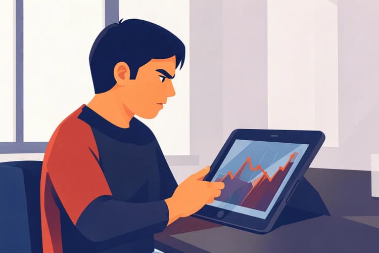 Uma pessoa em um escritório moderno, olhando atentamente para um gráfico de desempenho em um tablet. A luz é natural e vem da janela ao fundo. A câmera está em um plano médio, focando na interação com o tablet. O momento é de análise e tomada de decisão.