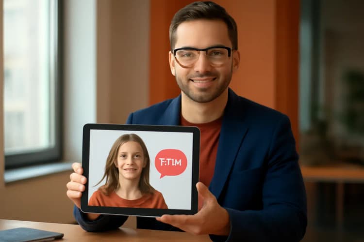 homem mostrando depoimento de cliente em tablet, prova social marketing digital