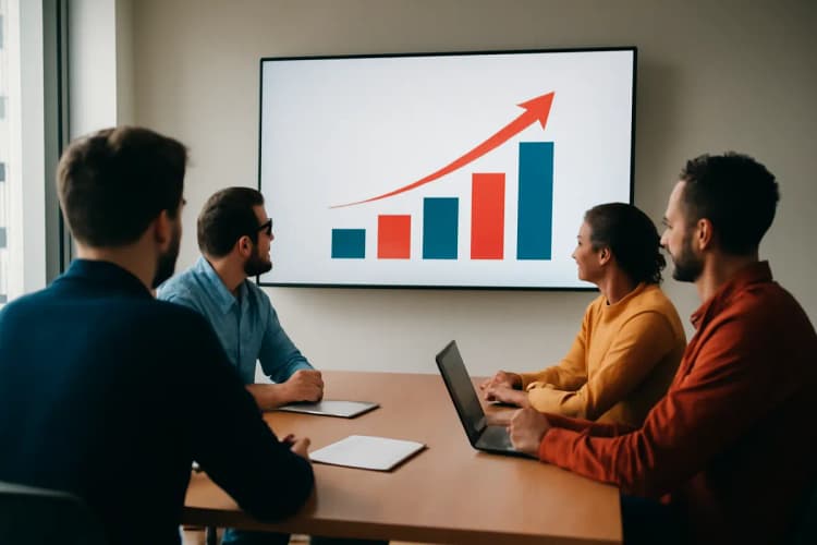 grupo de pessoas diversas em reunião analisando gráficos de crescimento, prova social marketing digital