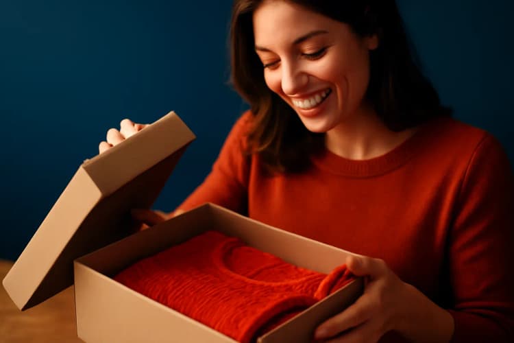 mulher feliz recebendo pacote de compras online, prova social marketing digital
