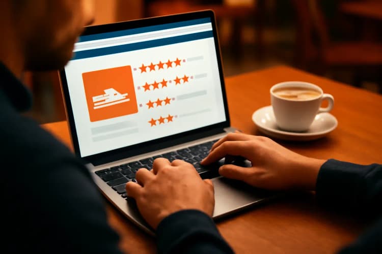 homem lendo avaliações positivas em um site de e-commerce no notebook, prova social marketing digital