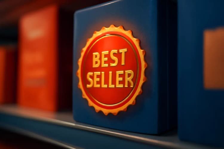 selo de "mais vendido" em destaque em uma prateleira de loja online, prova social marketing digital