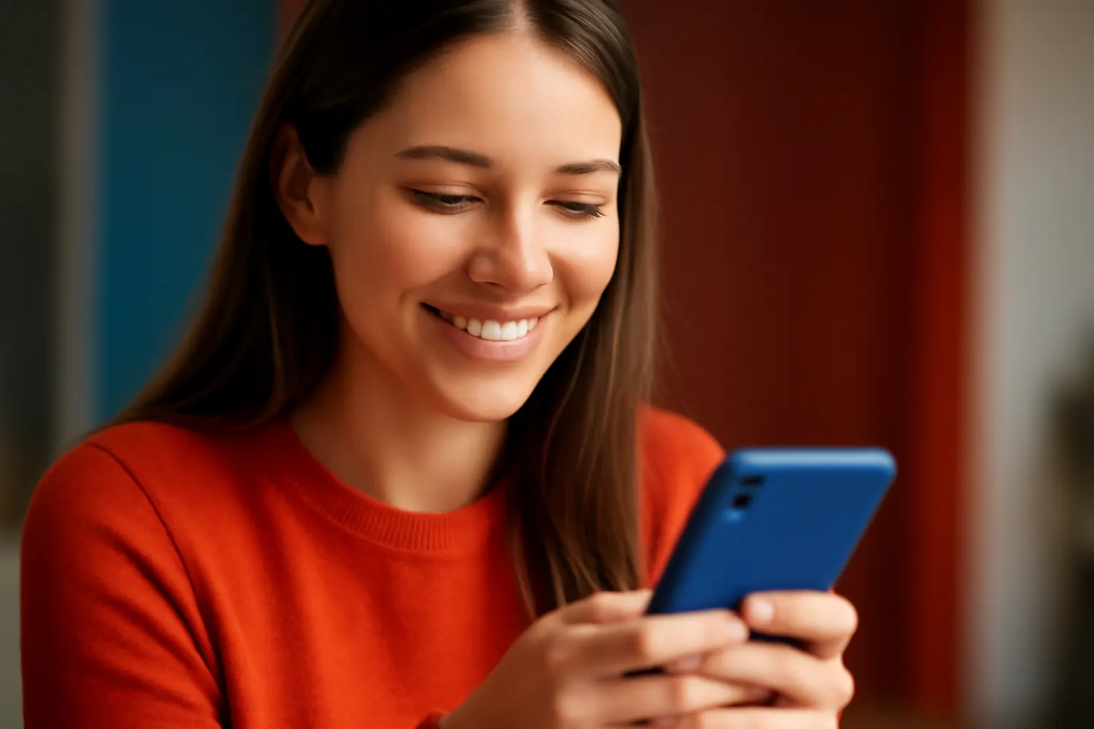 mulher sorrindo olhando para o celular com gráficos de vendas subindo em tela, prova social marketing digital