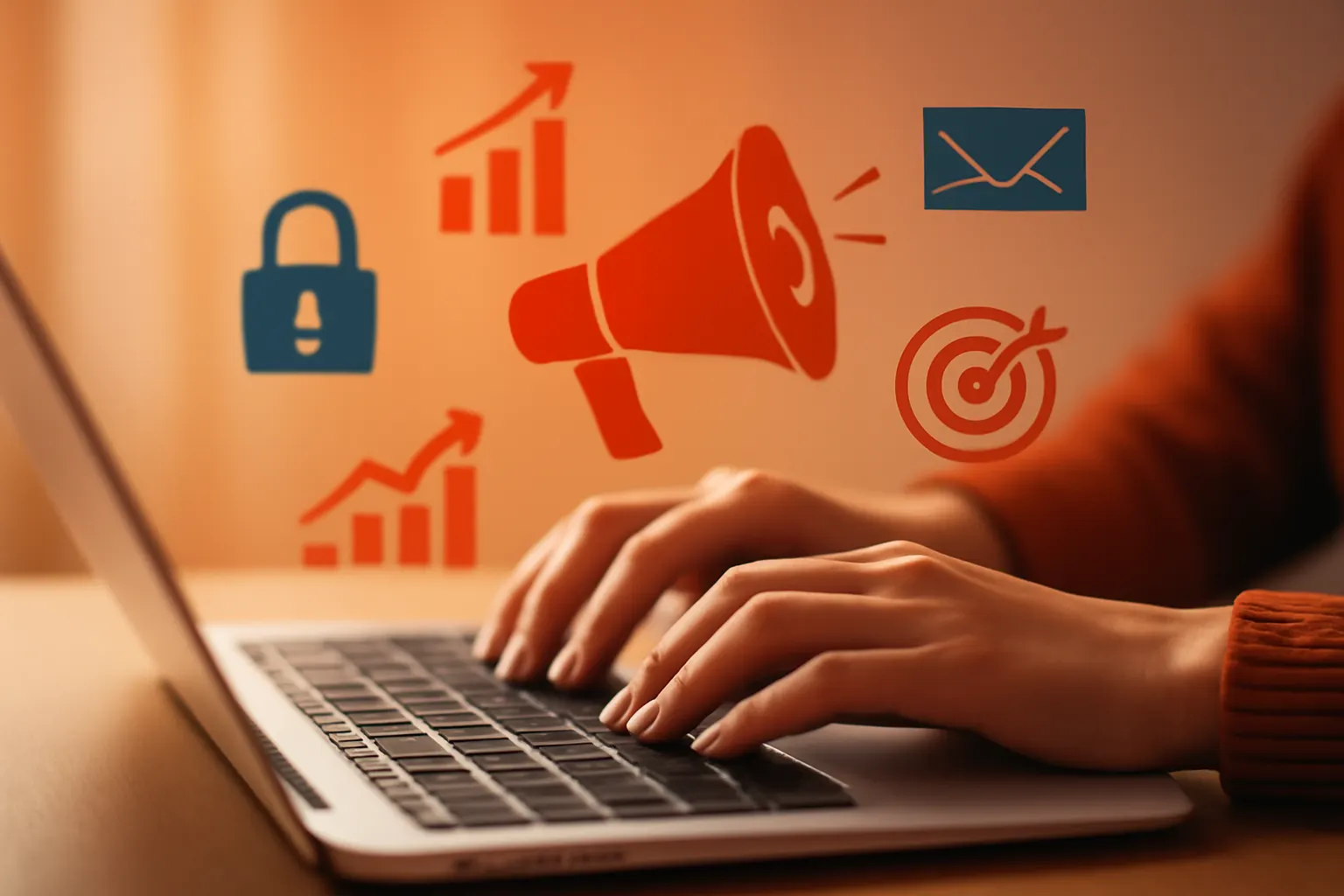Pós-graduação em marketing digital, com ícones de marketing digital ao redor.