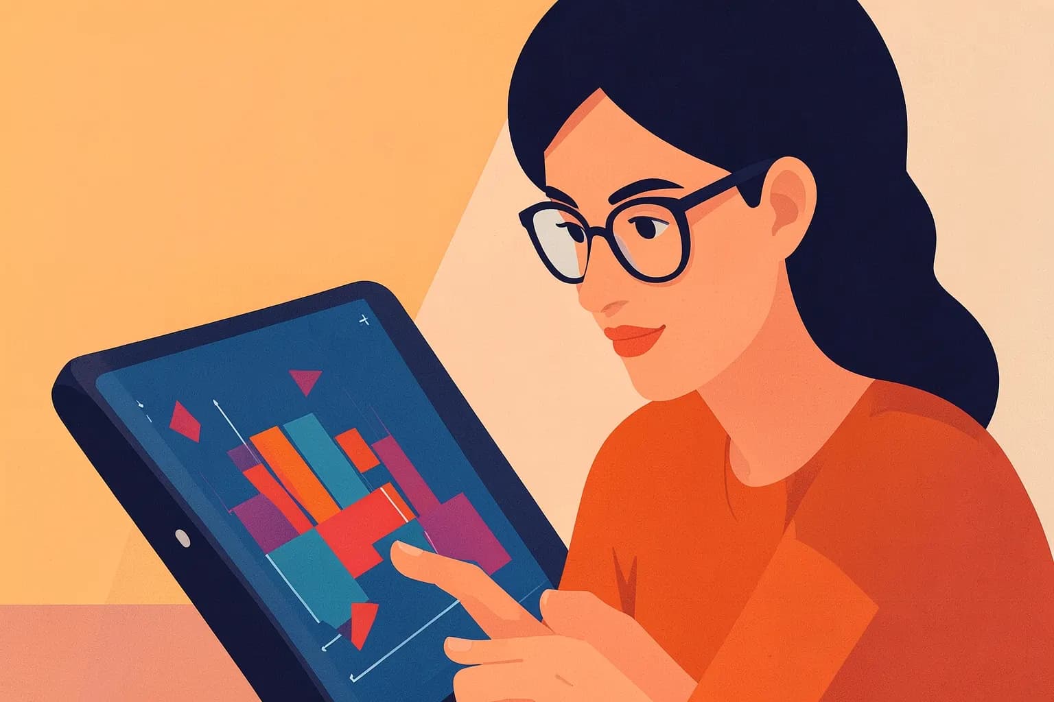 Uma mulher de óculos olhando atentamente para um gráfico abstrato de dados em um tablet, com um fundo desfocado de um escritório moderno.