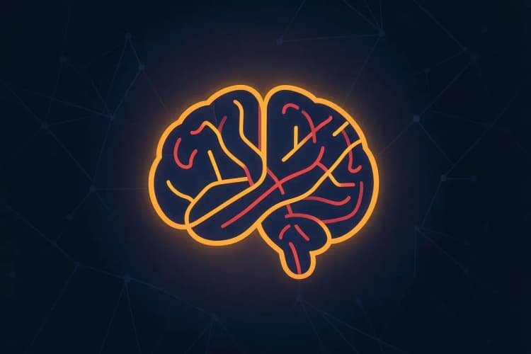 Um cérebro estilizado com conexões de luz brilhantes, representando inteligência artificial, sobre um fundo escuro com nós de rede interconectados.
