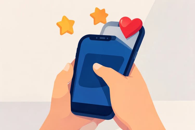 Uma pessoa selecionando um produto em uma tela de smartphone, com ícones de recomendação flutuando ao redor.