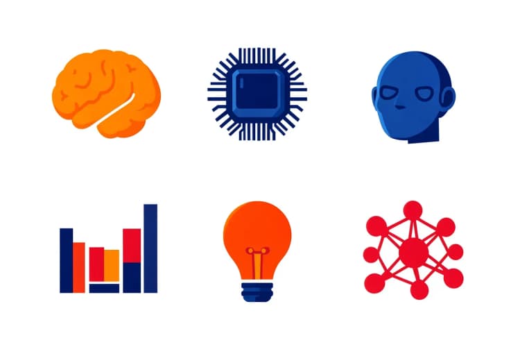 Uma coleção de ícones representando diferentes aspectos da IA: cérebro, chip, robô, gráfico, lâmpada, rede.