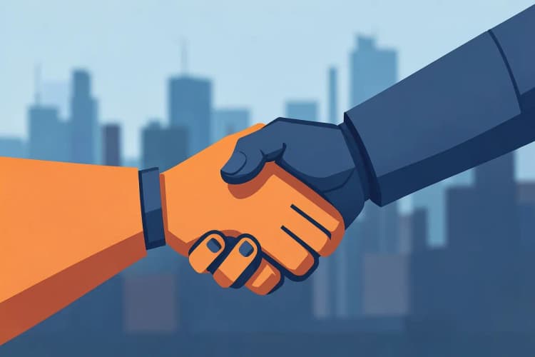 Um aperto de mão entre um humano e um robô sobre um fundo de cidade desfocado, simbolizando colaboração.