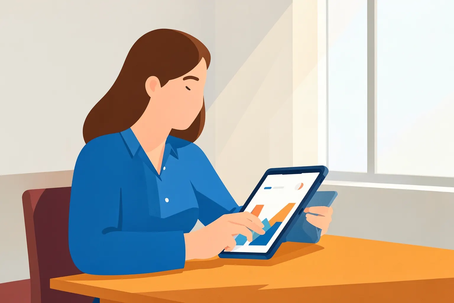 Mulher sorrindo, olhando para um tablet com gráficos simples na tela, em um escritório moderno.
