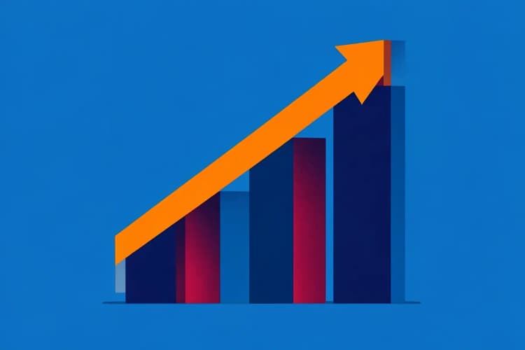 Gráfico de barras ascendente sobre um fundo azul, simbolizando crescimento e sucesso.