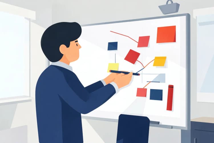 Uma pessoa planejando em um quadro branco com post-its e marcadores, representando estratégia.