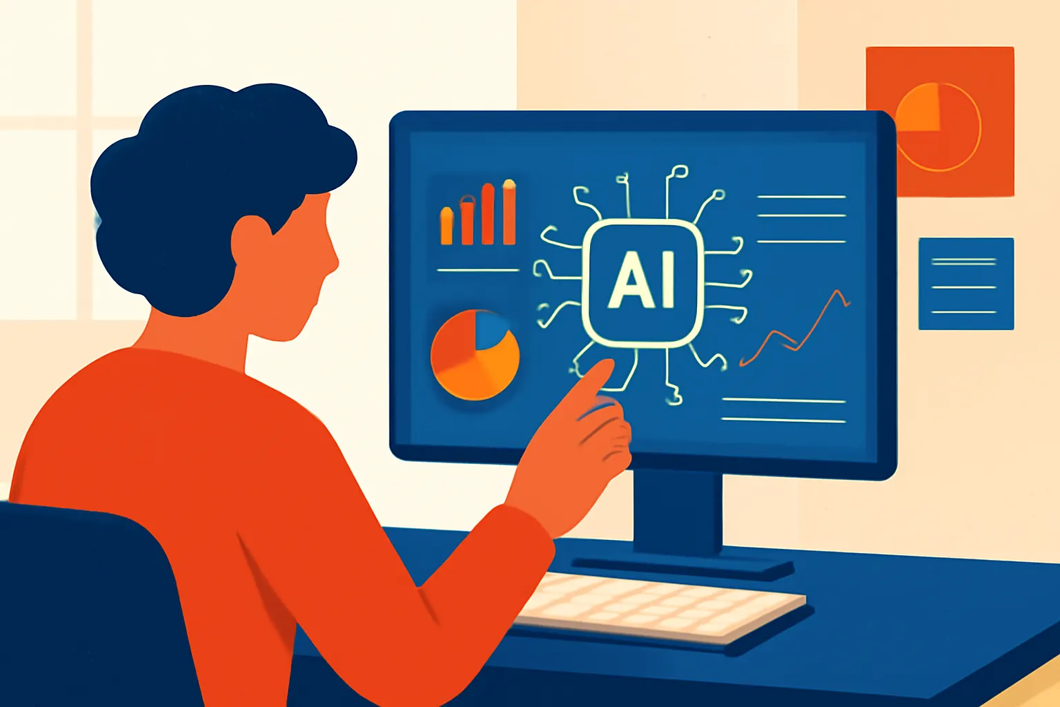 Uma pessoa interagindo com uma interface de inteligência artificial em um computador, com gráficos e dados ao fundo.