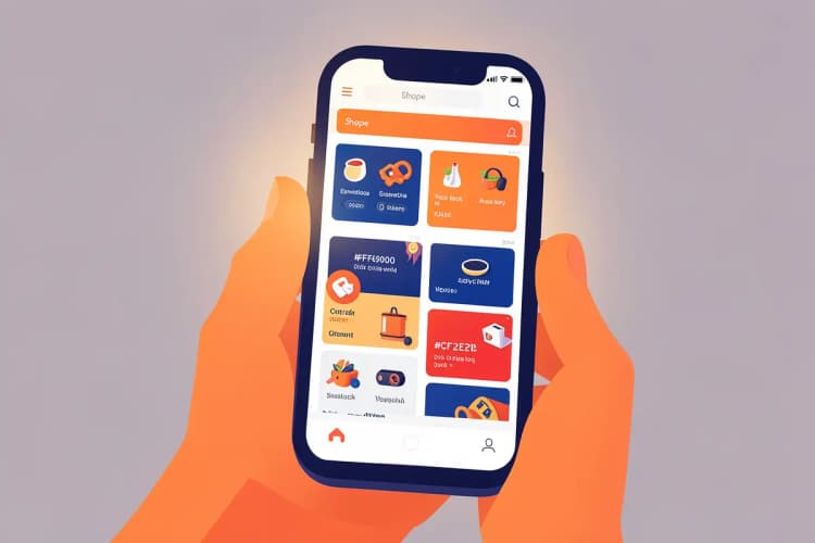Um celular exibe a página inicial do aplicativo Shopee, com ícones de promoções e categorias de produtos. A tela está em close-up, com foco nos ícones.