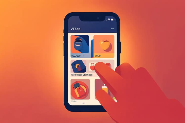 Um celular exibe o feed do Shopee Vídeo, com vários vídeos curtos de produtos sendo apresentados. O dedo de uma pessoa está prestes a tocar a tela.
