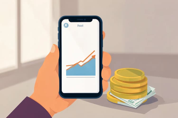 Uma mão segura um celular mostrando o aplicativo Shopee com um gráfico de custos de publicidade. Ao lado, moedas de dinheiro e notas empilhadas.