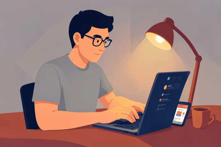 Um homem com camiseta cinza e óculos, sentado em uma mesa, digita em um notebook. Ao lado, um celular exibe o painel de anúncios da Shopee. Uma xícara de café está sobre a mesa.