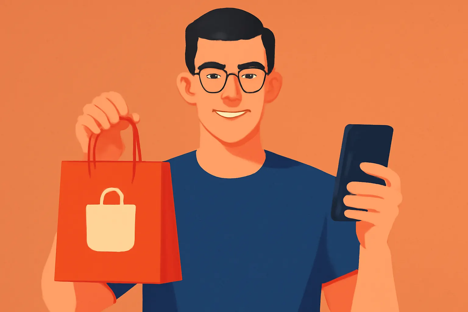 Um homem de óculos e camiseta azul sorri para a câmera, com uma pequena sacola de compras da Shopee em sua mão esquerda e um celular na direita. Ao fundo, desfocado, um notebook exibe um gráfico de crescimento.