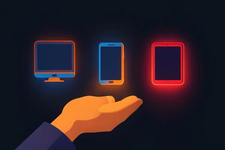 Mão escolhendo entre três opções de plataformas digitais representadas por ícones brilhantes em um fundo escuro: um computador, um celular e um tablet. Close-up, com luz neon vindo de baixo.