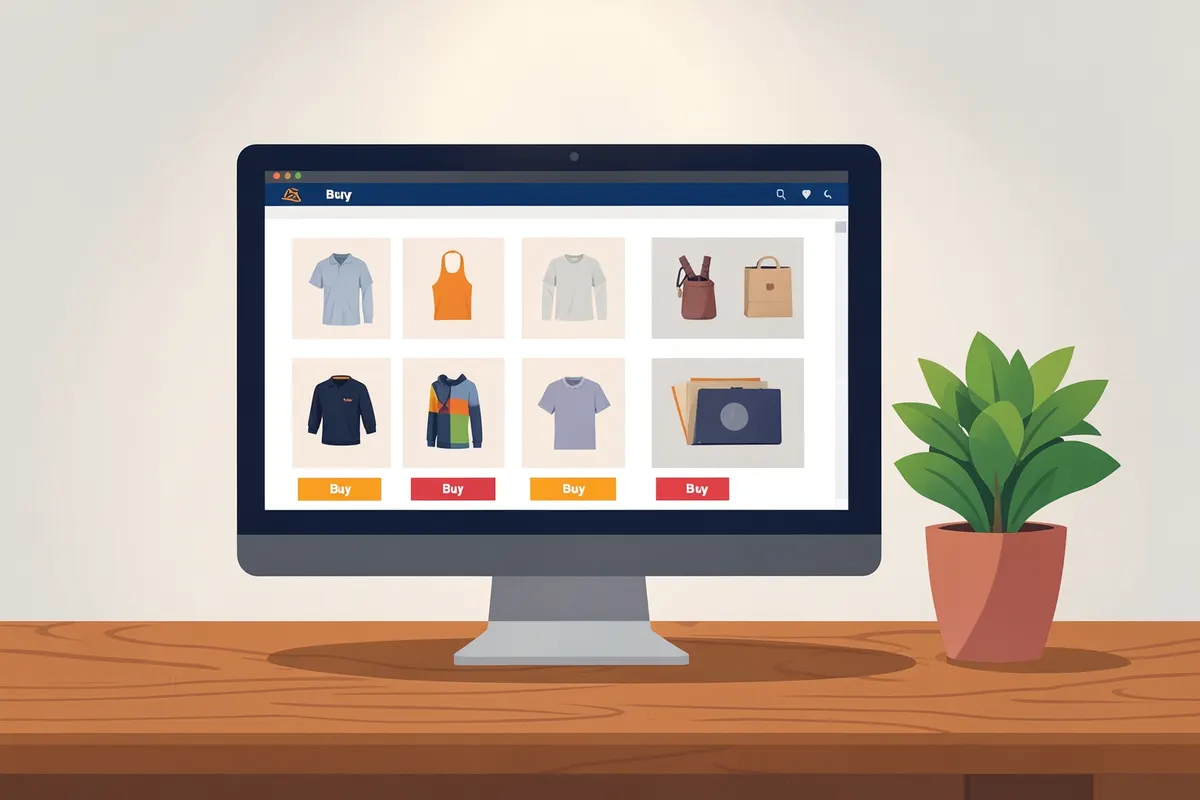 Tela de computador exibindo um site de e-commerce com fotos de produtos e botões de compra. A tela está sobre uma mesa de madeira, com uma planta pequena ao lado. Plano médio, luz de escritório vinda de cima.