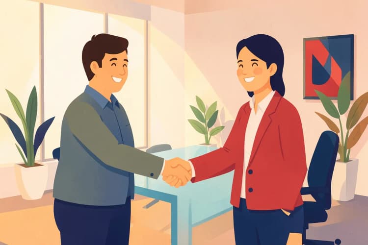 Duas pessoas apertando as mãos com um sorriso, em um ambiente de escritório moderno e iluminado. Plano médio, com luz natural entrando pela janela.