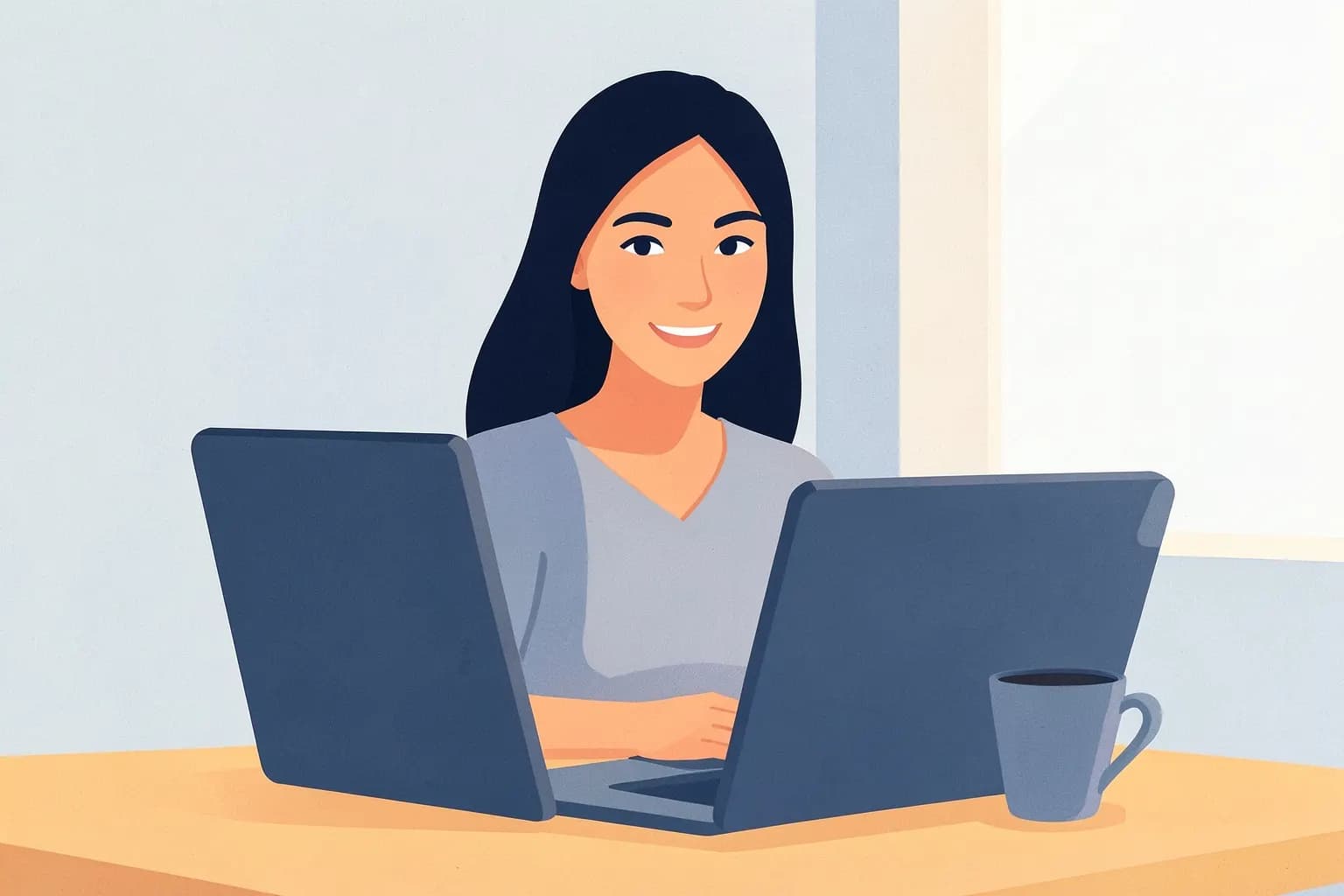 Mulher sorrindo, olhando para a câmera, em frente a um notebook aberto em uma mesa de madeira clara, com uma xícara de café ao lado. A luz suave vem da janela à sua direita, iluminando seu rosto. Plano médio, durante o dia.