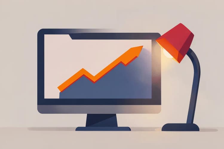 Gráfico de linha mostrando crescimento em um monitor de computador.