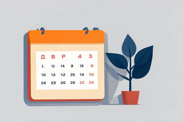 Calendário com dias marcados e uma planta crescendo ao lado.