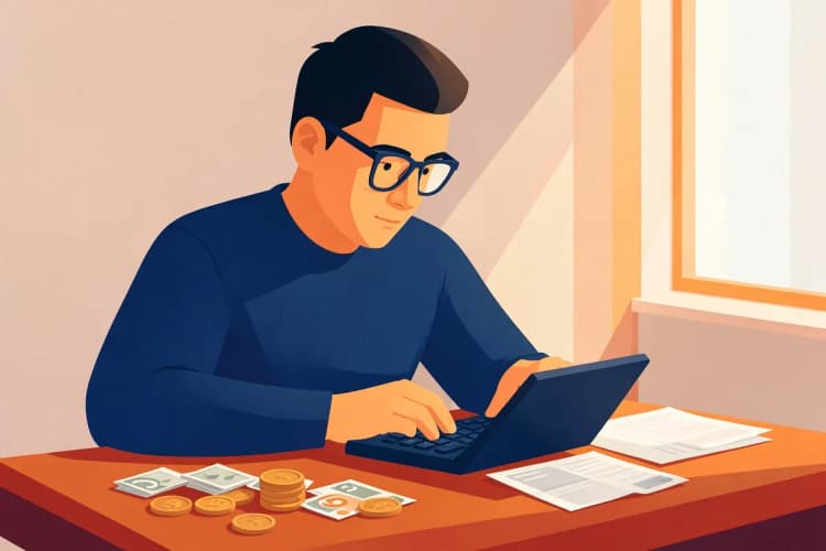 Homem calculando com calculadora e papéis sobre mesa com moedas e notas, representando cálculo de retorno sobre investimento.