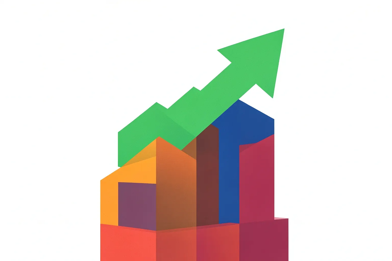Gráfico de barras com seta subindo, simbolizando crescimento financeiro e retorno sobre investimento.