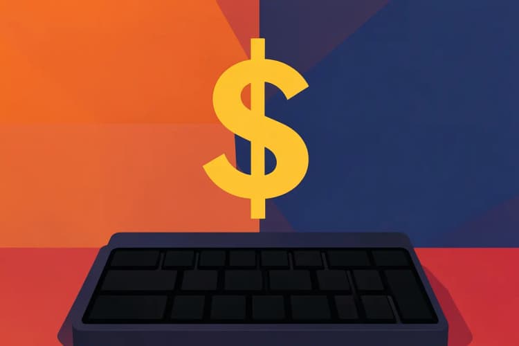 Símbolo de dólar flutuando acima de um teclado de computador, representando o investimento em publicidade online.
