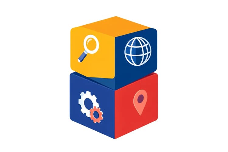Quatro caixas empilhadas verticalmente, cada uma com um ícone representando um tipo de SEO: on-page, off-page, técnico e local.