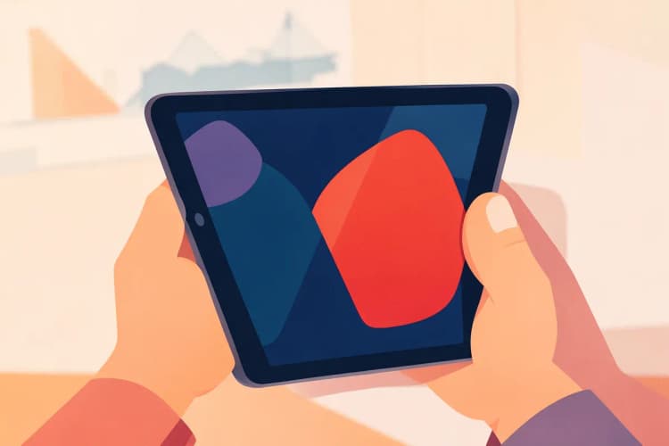 Uma pessoa gerenciando anúncios em um tablet, com gráficos de desempenho ao fundo.