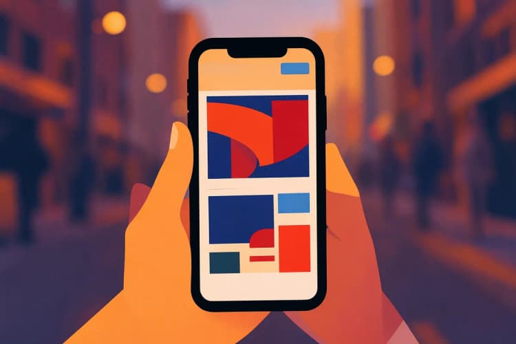 Anúncios online: Mão segurando um smartphone com interface de anúncios