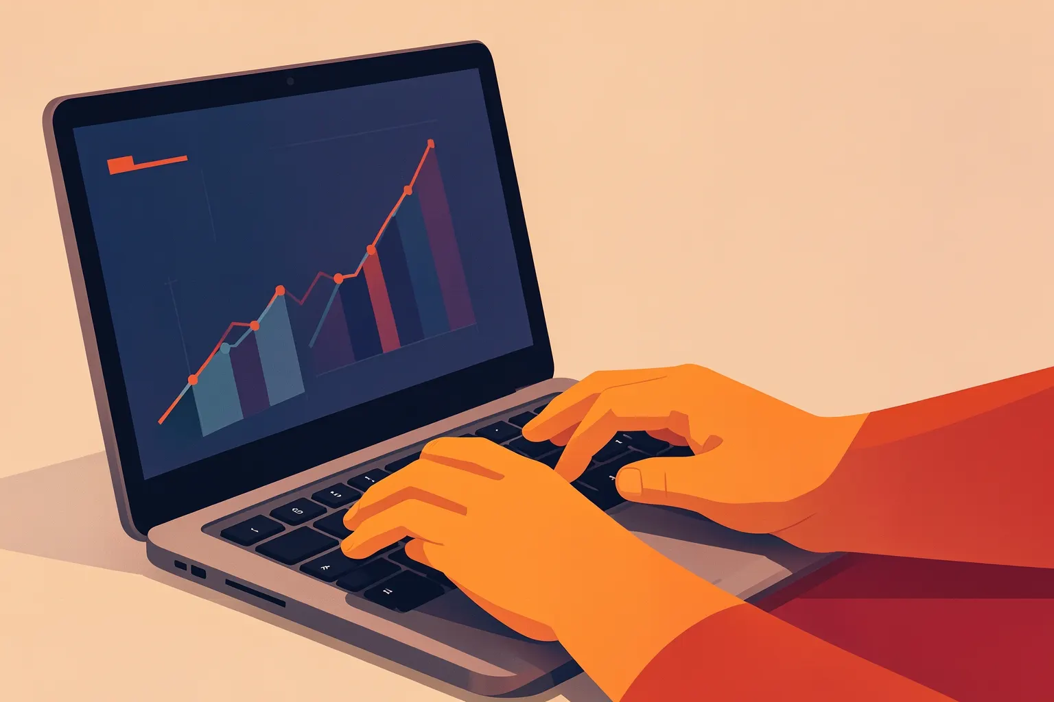 Marketing digital por onde começar: Jovem trabalhando em laptop com gráficos de crescimento na tela