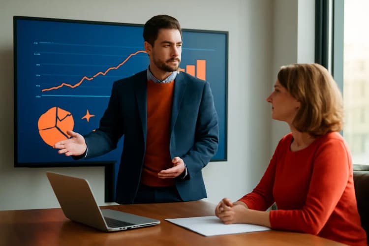 Homem explicando gráficos de desempenho em reunião com cliente.