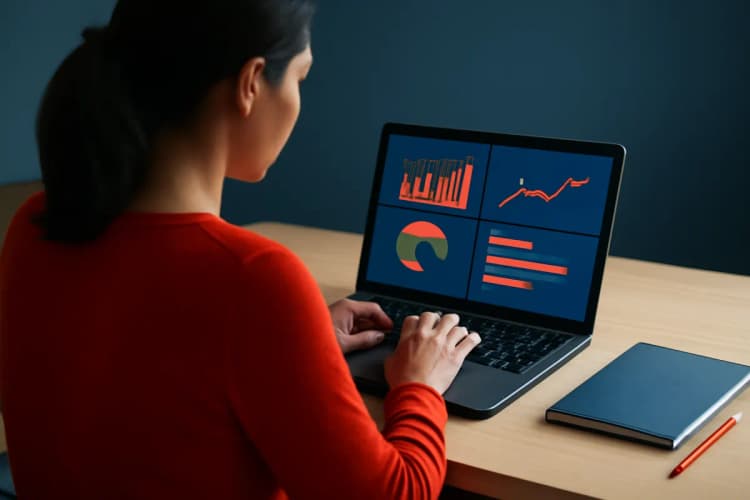 Mulher analisando métricas de tráfego pago em um laptop.