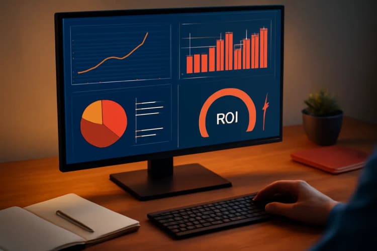Tela de computador com painel de ROI e gráficos de retorno sobre investimento.