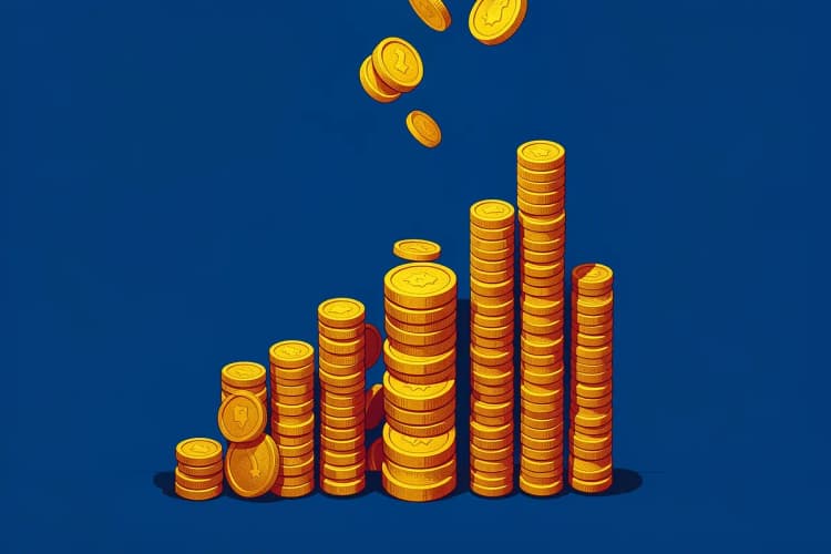Gráfico de barras subindo com moedas de ouro caindo ao redor, em fundo azul.