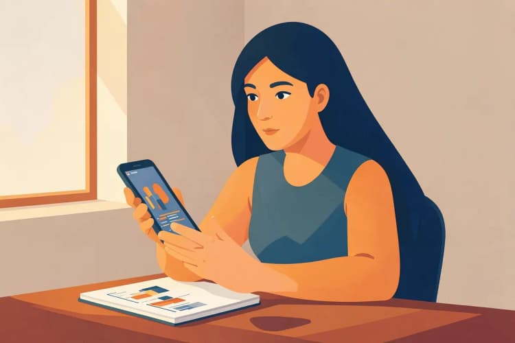 Mulher com expressão pensativa, olhando para um celular com gráficos na tela.
