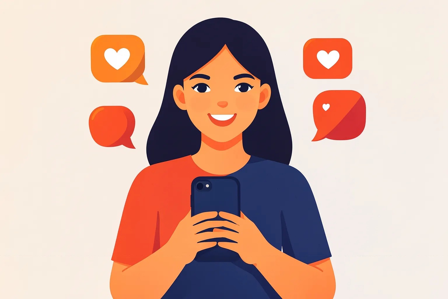 Mulher sorrindo e olhando para a tela de um celular, com ícones de redes sociais flutuando ao redor.