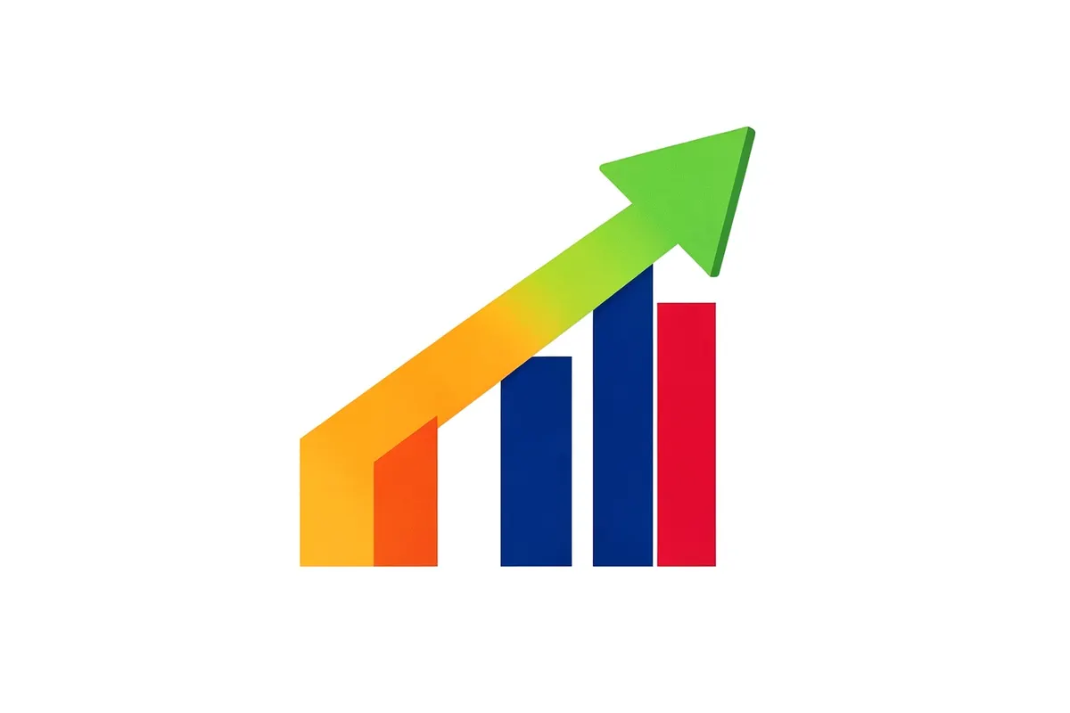 Gráfico de barras ascendente com uma seta verde subindo, sobre um fundo branco limpo.
