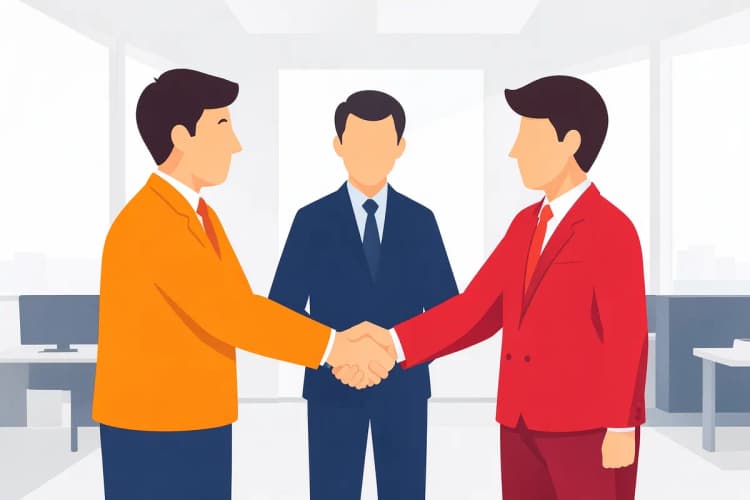 Três pessoas apertando as mãos em um círculo, representando diferentes tipos de vendas ou parcerias, em um ambiente de escritório.