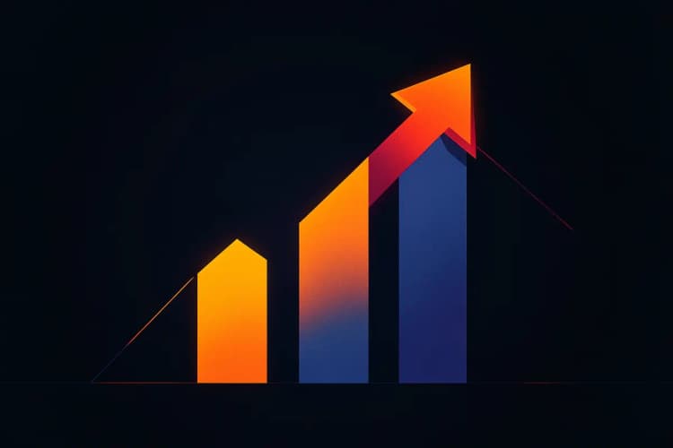 Um gráfico de barras estilizado subindo, com setas apontando para cima, representando o aumento de vendas através de tráfego pago.