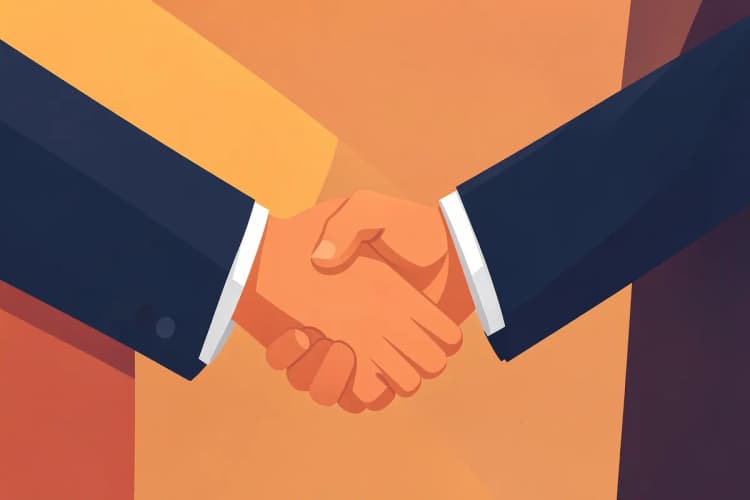 Empresários apertando as mãos em um acordo, simbolizando parceria e sucesso.