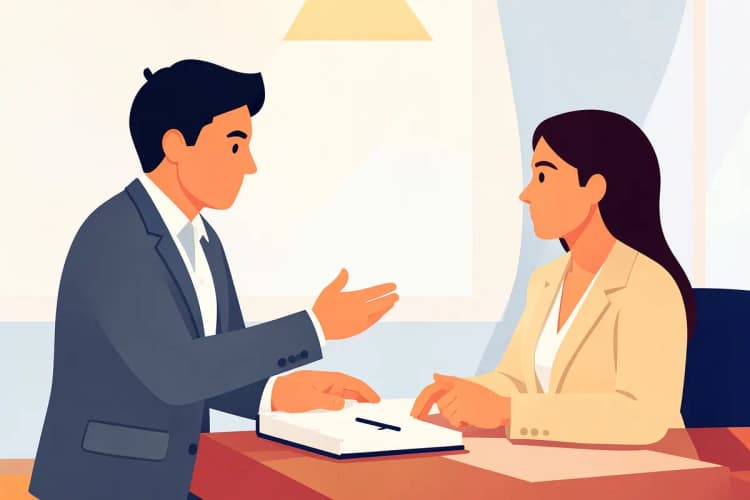 Um consultor apresentando um relatório para um cliente em um escritório.